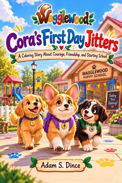 Front cover of Cora's First Day Jitters: A Coloring Story About Courage, Friendship, and Starting School. Three puppies in backpacks, a Corgi in the middle, walk past a school with a chalkboard that reads "Today You Belong!"