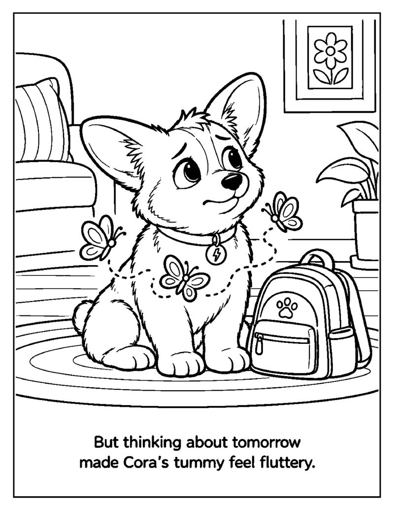 Black and white coloring page from Cora's First Day Jitters. Story page: "But thinking about tomorrow made Cora’s tummy feel fluttery." Cora sits beside her backpack with three butterflies fluttering around her.