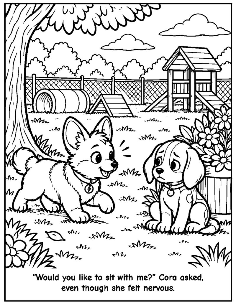 Black and white coloring page from Cora's First Day Jitters. Story page: "“Would you like to sit with me?” Cora asked, even though she felt nervous." Cora walks up to a little Beagle sitting alone beside a flower barrel on the playground.