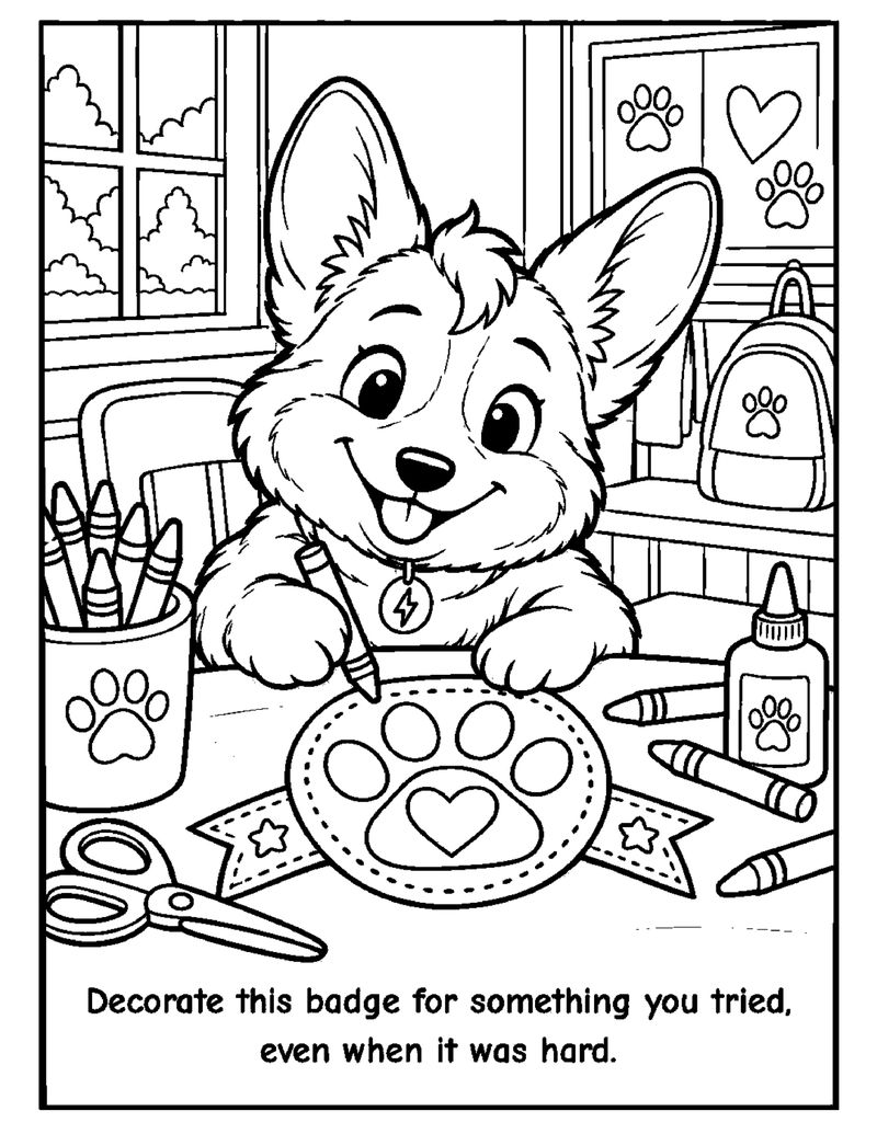 Black and white coloring page from Cora's First Day Jitters. Activity page: "Decorate this badge for something you tried, even when it was hard." Cora smiles at a craft table with crayons, glue and scissors, decorating a paw-print badge.