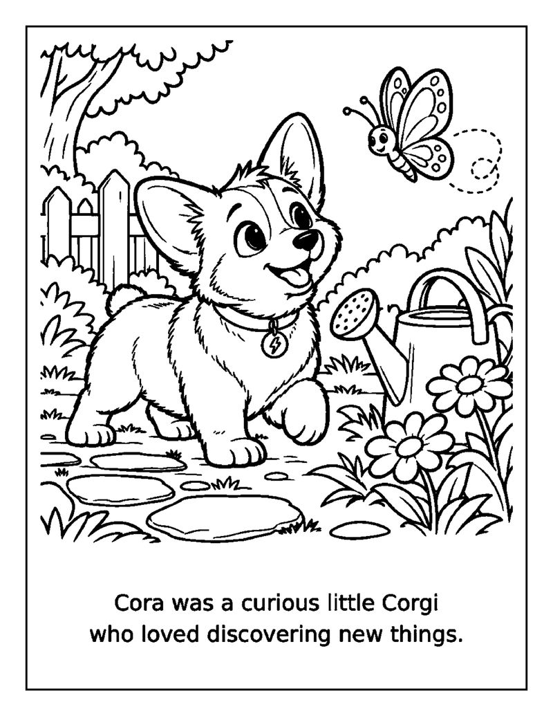 Black and white coloring page from Cora's First Day Jitters. Story page: "Cora was a curious little Corgi who loved discovering new things." Cora, a Corgi puppy with a lightning-bolt tag, explores a garden with a butterfly, a watering can and flowers.
