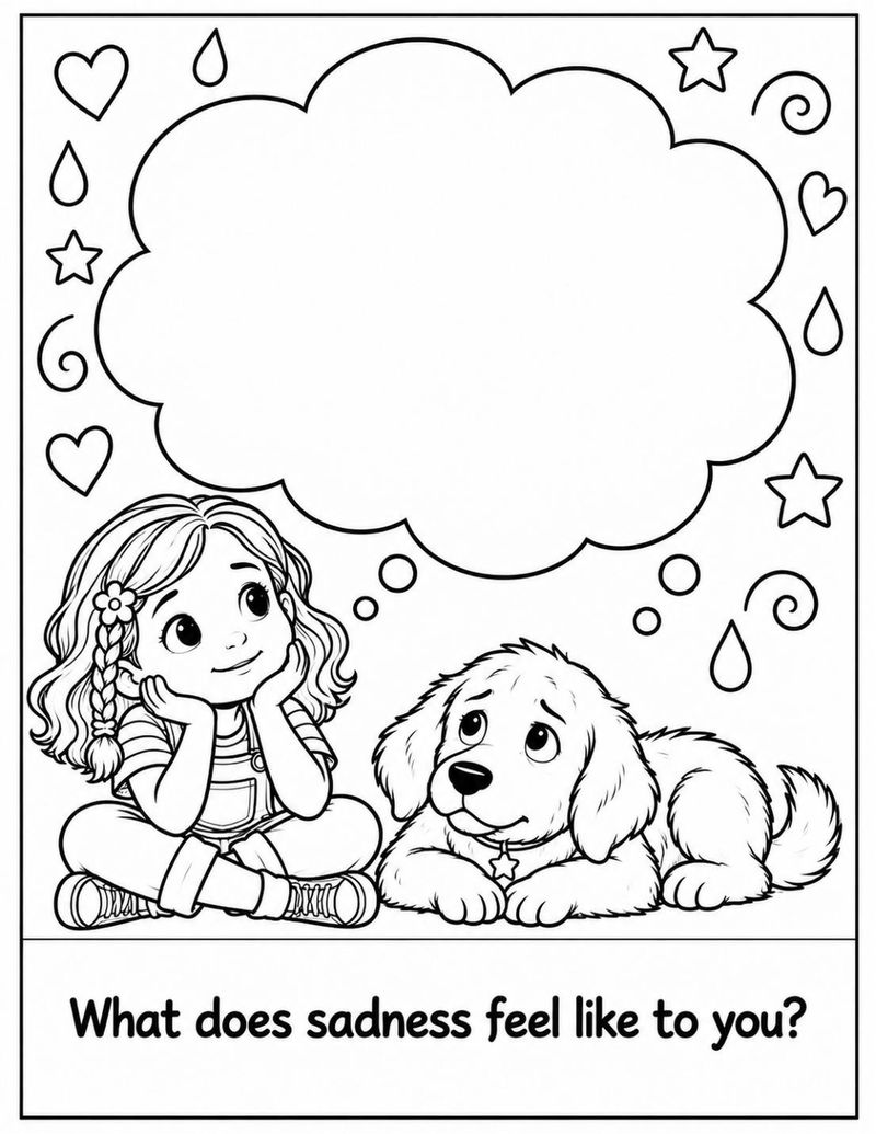 Black and white coloring page from Benny Misses Daisy. Activity page: "What does sadness feel like to you?" Emma sits beside Benny under a large empty thought bubble, ready for a child to draw or write in.