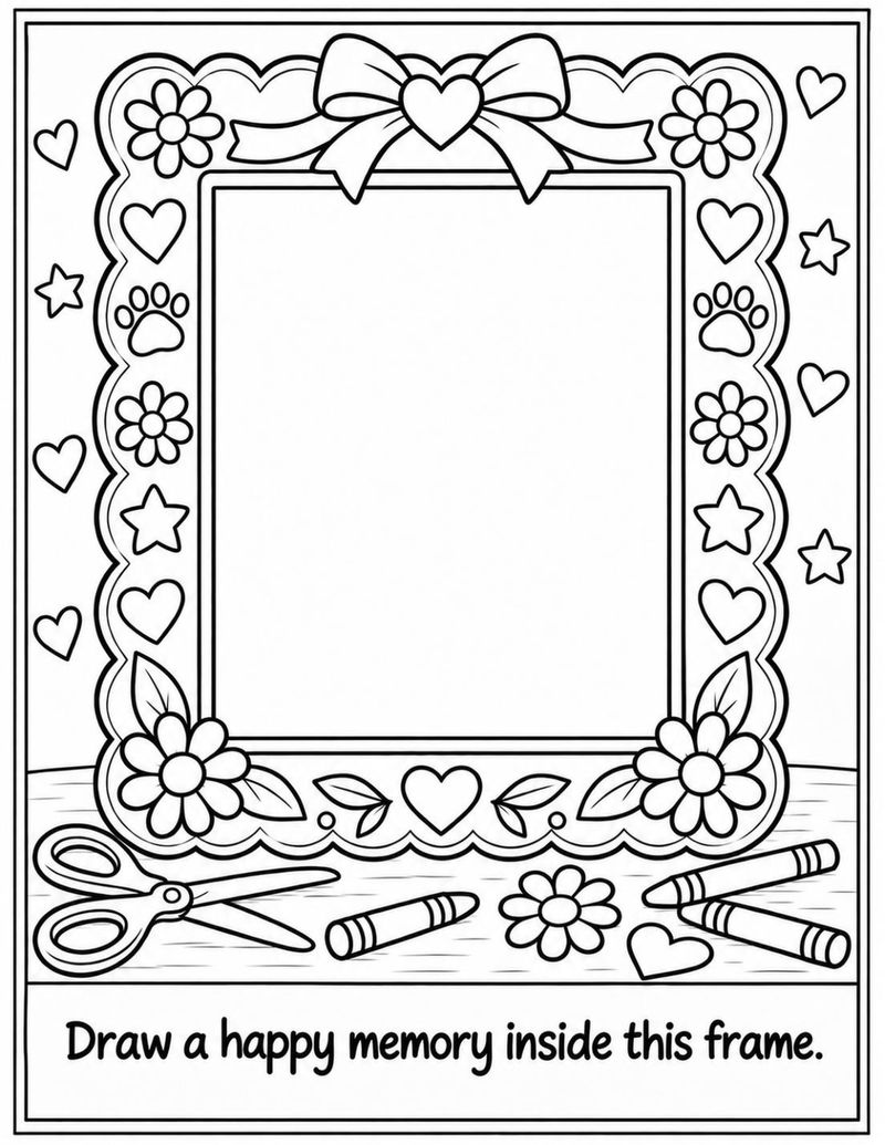 Black and white coloring page from Benny Misses Daisy. Activity page: "Draw a happy memory inside this frame." A decorative frame of hearts and flowers with crayons and scissors below, left blank for a child's drawing.