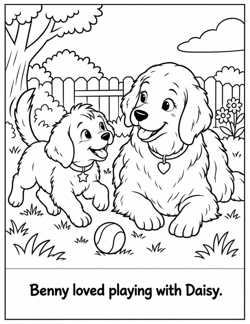 Black and white coloring page from Benny Misses Daisy. Story page: "Benny loved playing with Daisy." Benny, a small golden pup, and Daisy, a bigger golden dog, play together in the garden with a ball.